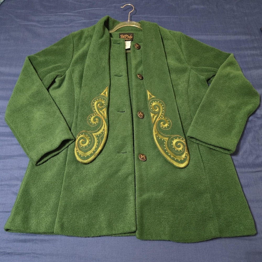 Bob Mackie Jacket Womens Medium Green Fleece Embroidered USA VTG Wearable‎ Art